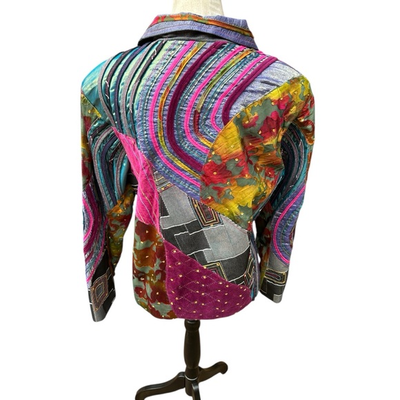 Boho Patchwork Quilted Jacket M Colorful Art To Wear Vibrant Sequin Dopamine - Picture 4 of 17